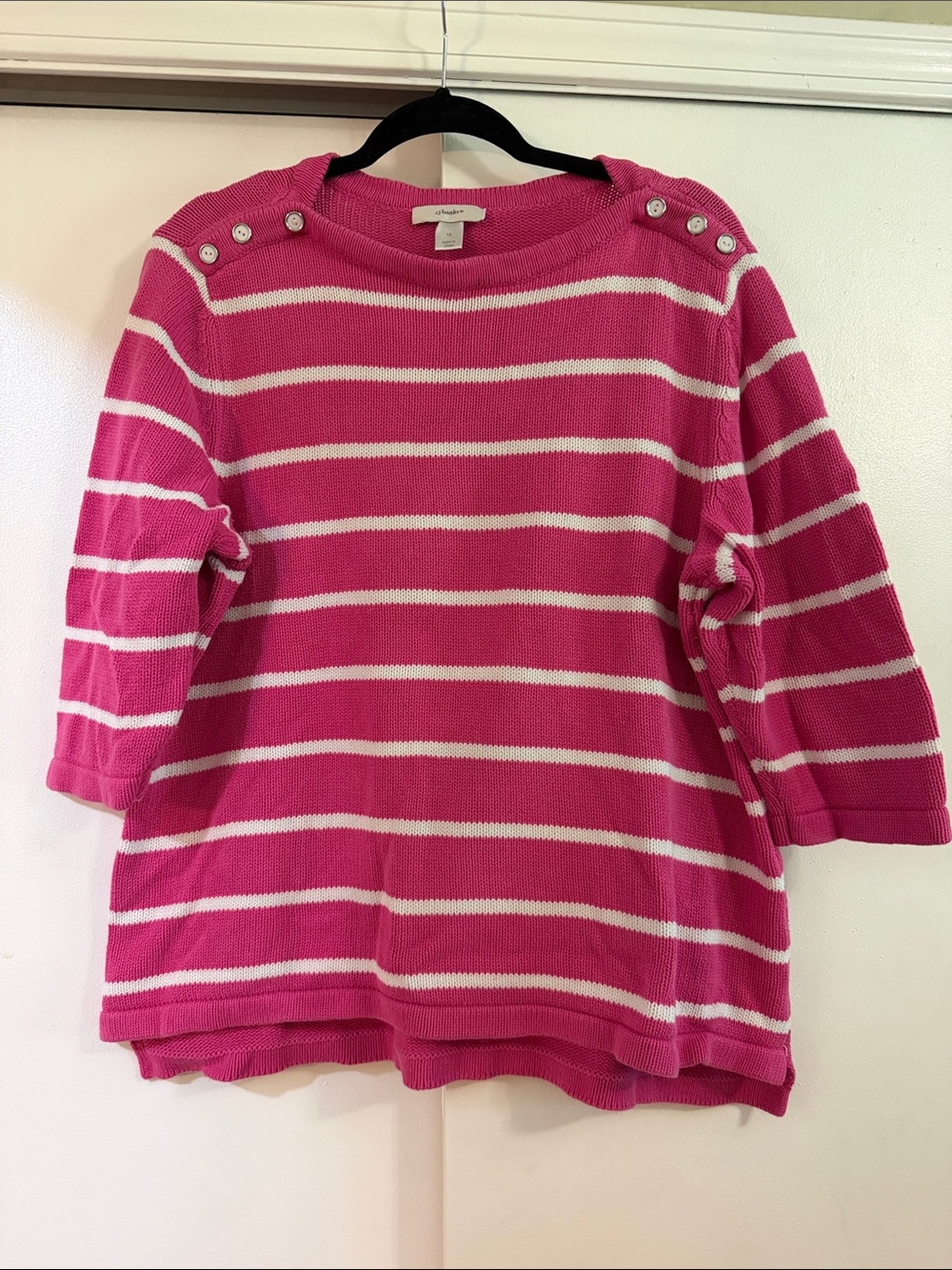 CJ Banks Hot Pink & White Striped Knit Sweater with Shoulder Buttons